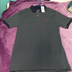 Black & White Striped Polo With Red Logo